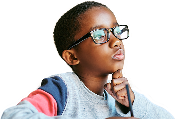 A boy with glasses lost in thought