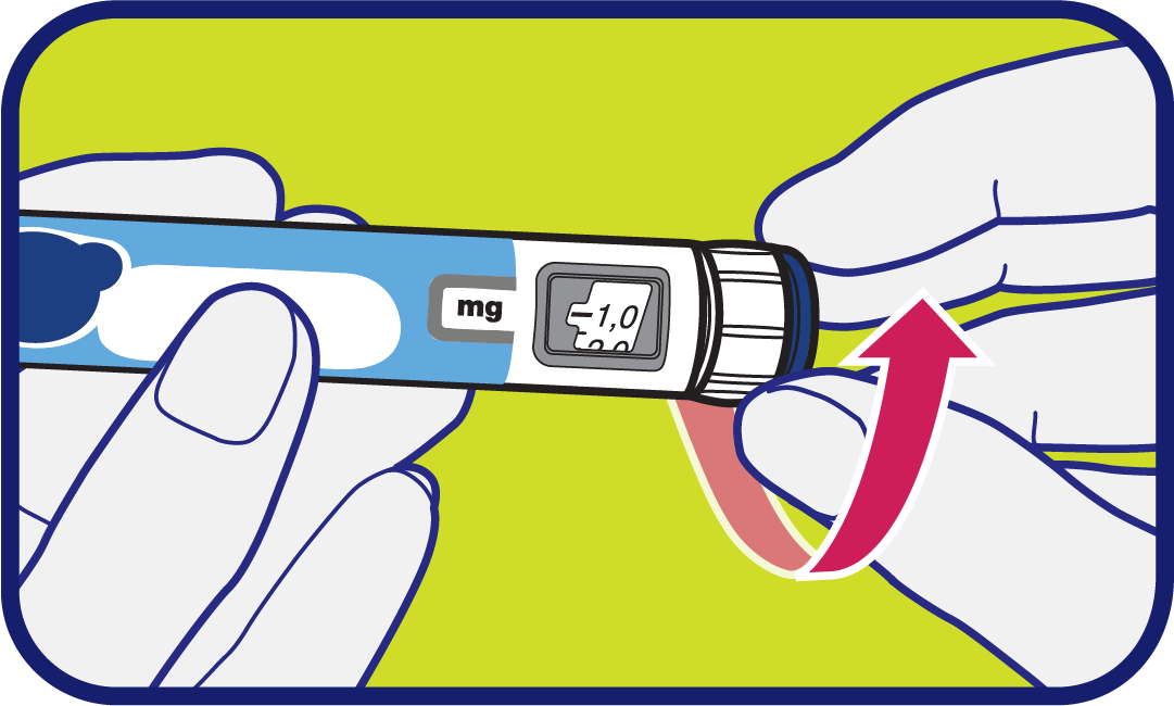 Le bouton de sélection est tourné jusqu’à ce que 1,0 soit visible dans la fenêtre d’affichage de la dose.