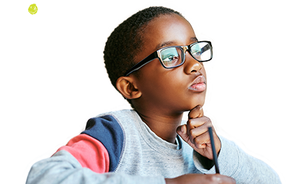 A boy with glasses lost in thought